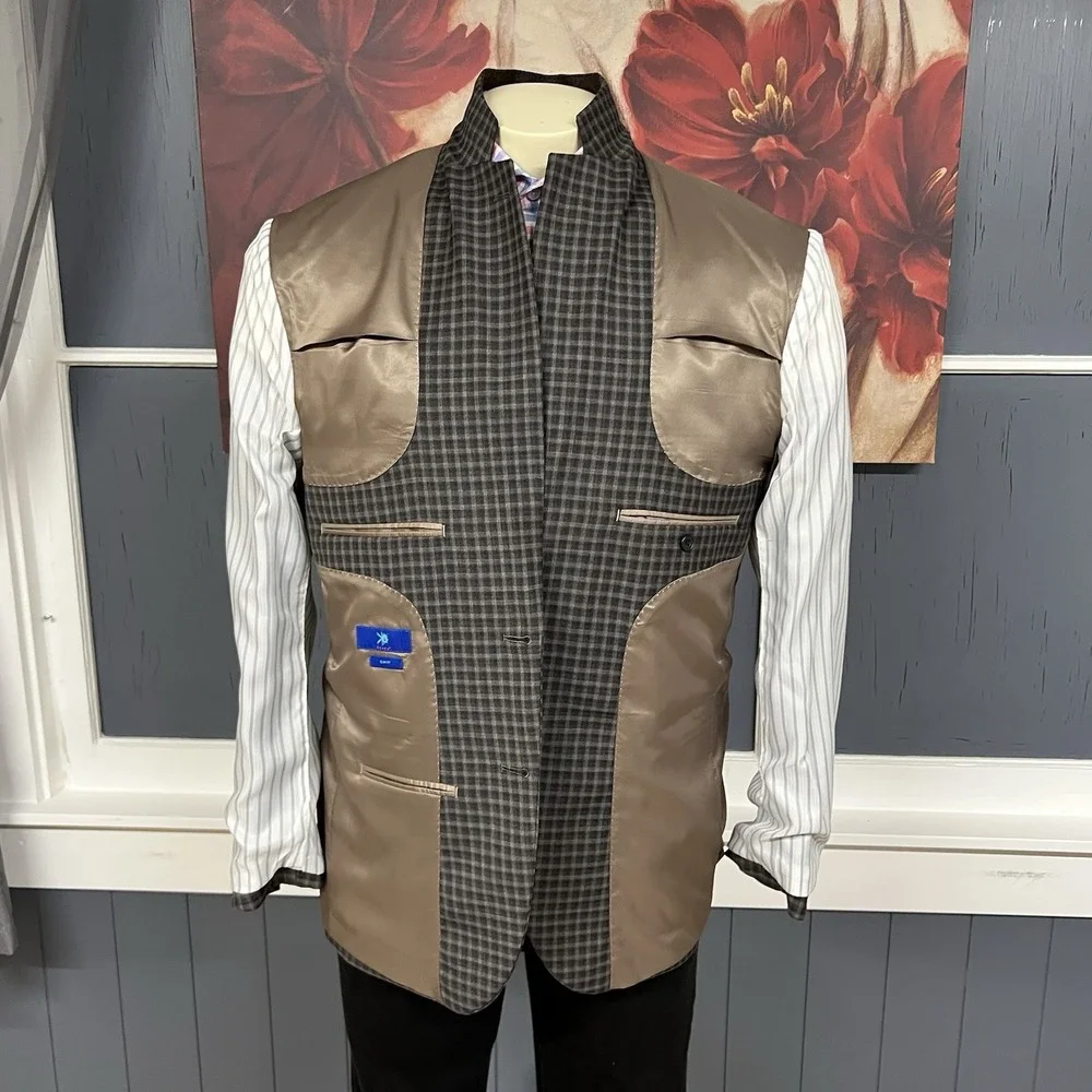 Egara‎ Blazer Jacket Sport Coat Mens 44R Slim Fit Wool Brown/Gray Gingham